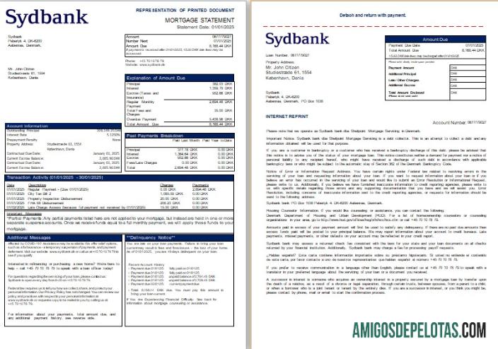 Extrato de hipoteca do banco Sydbank da Dinamarca, 3 páginas, 1 2 Scr modelo